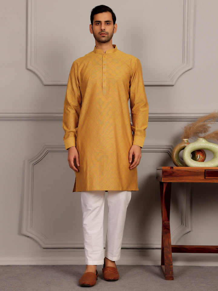 Mustard-Red Thread Work Delux Cotton Straight Kurta
