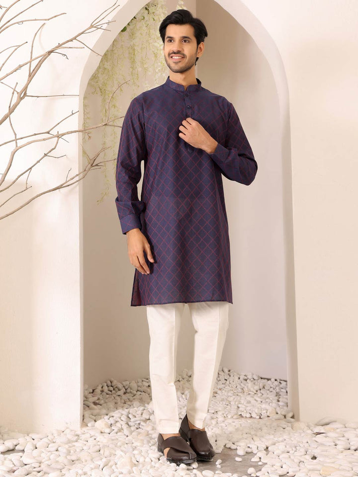 Dark Violet-Red Thread Work Delux Cotton Straight Kurta