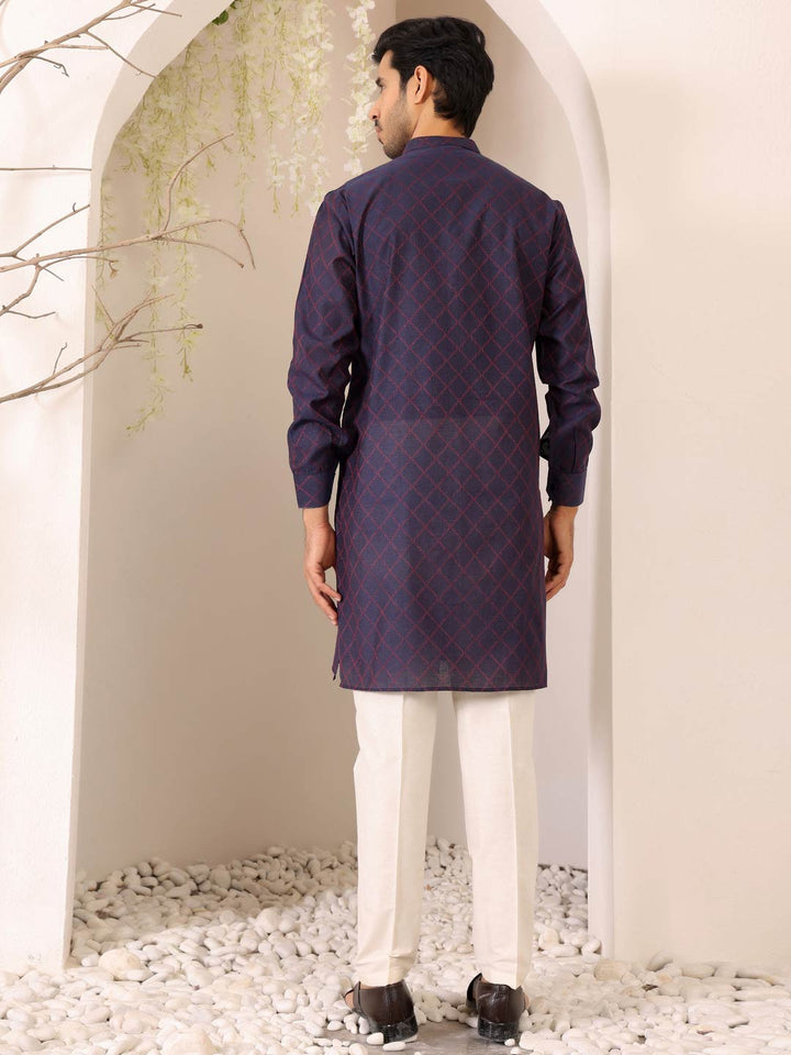 Dark Violet-Red Thread Work Delux Cotton Straight Kurta