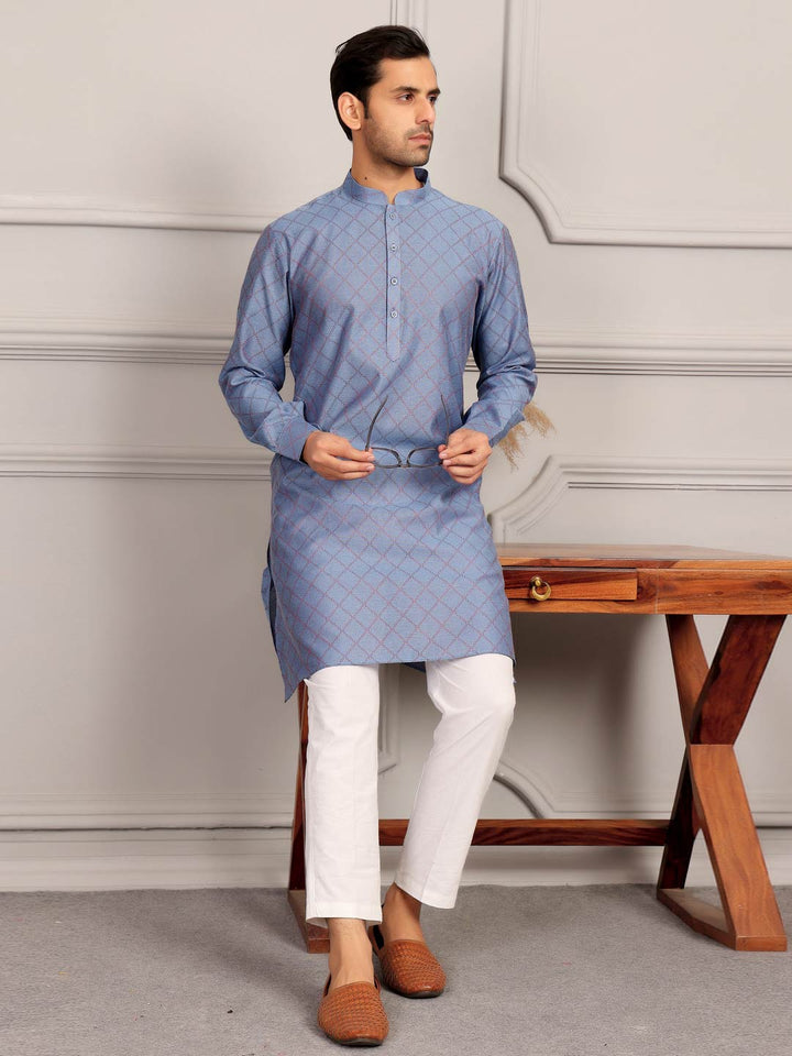 Blue-Red Thread Work Delux Cotton Straight Kurta