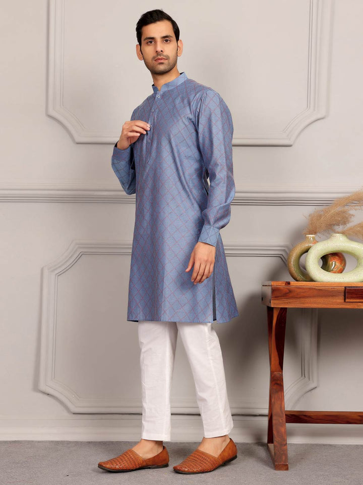 Blue-Red Thread Work Delux Cotton Straight Kurta