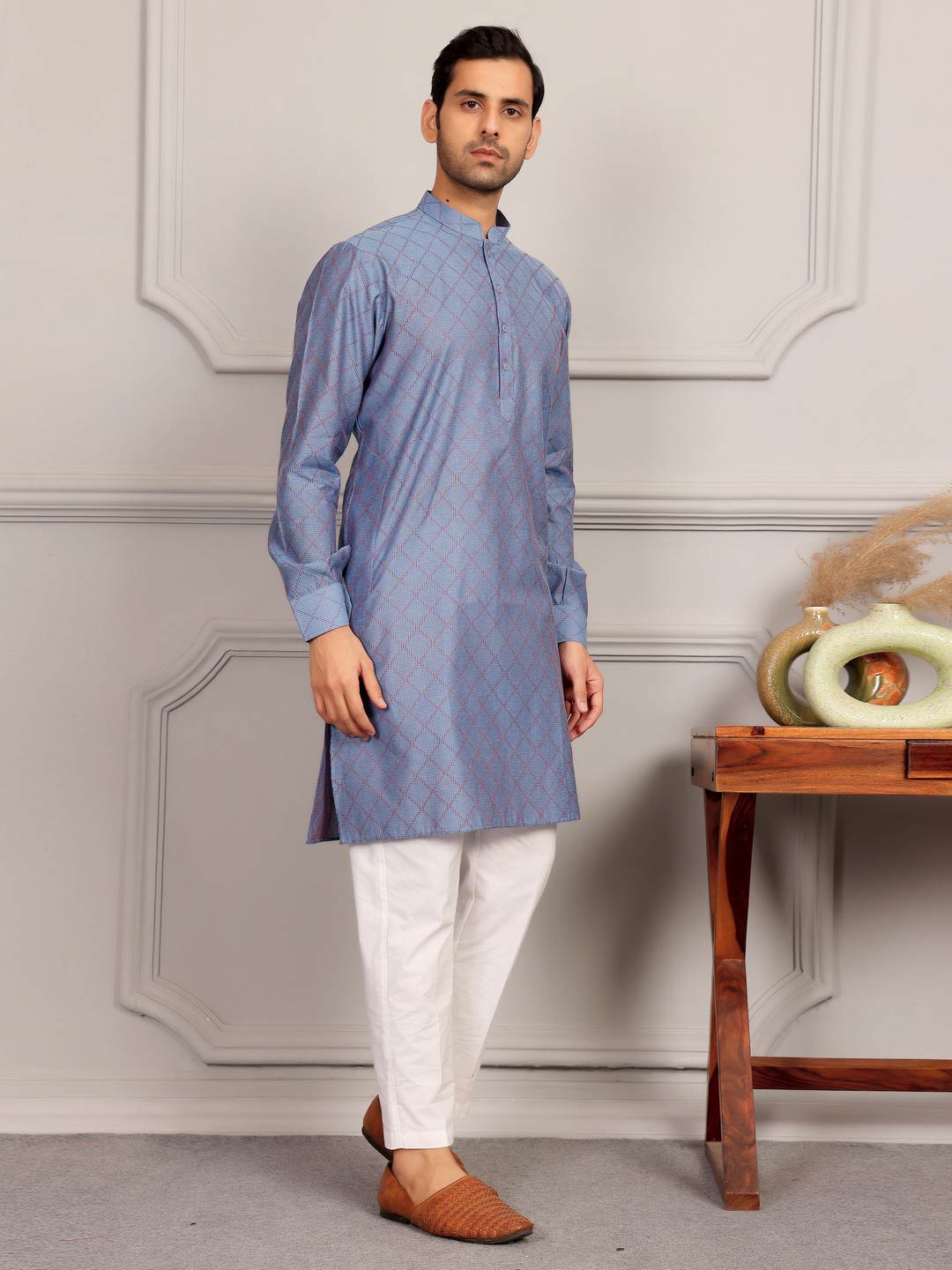 Blue-Red Thread Work Delux Cotton Straight Kurta