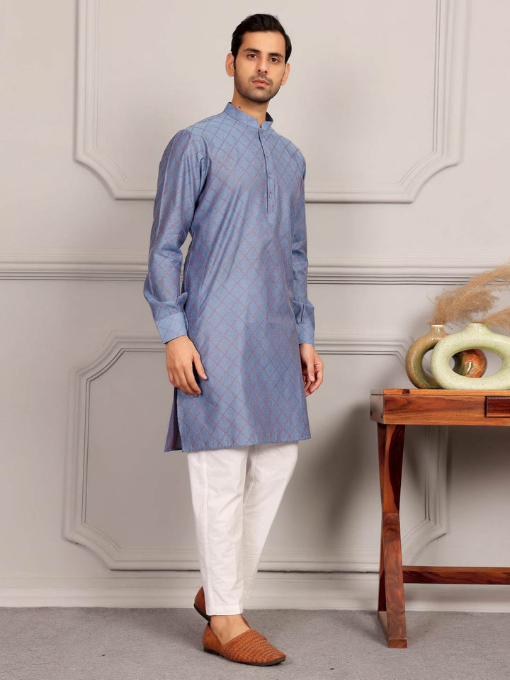 Blue-Red Thread Work Delux Cotton Straight Kurta