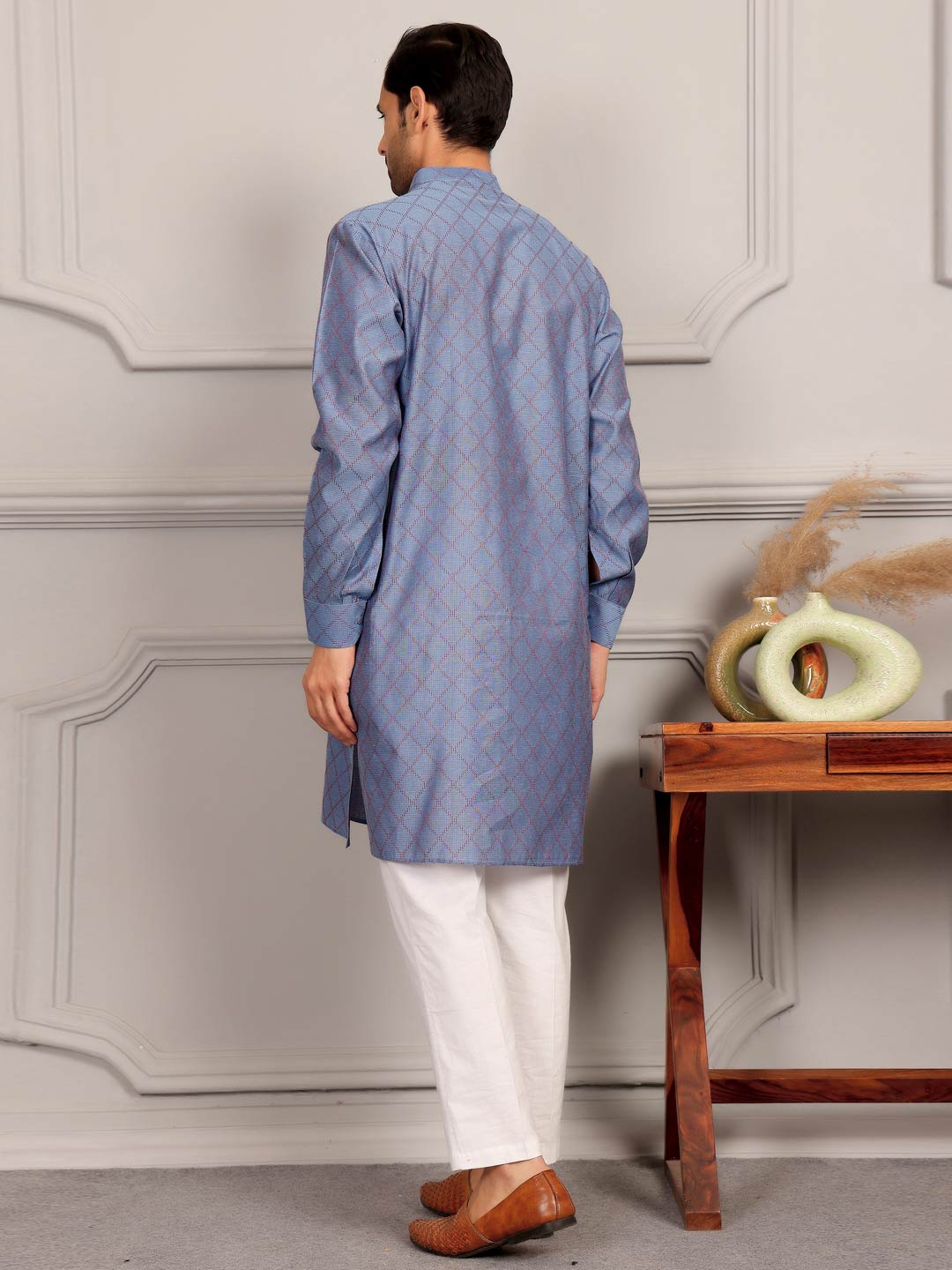 Blue-Red Thread Work Delux Cotton Straight Kurta
