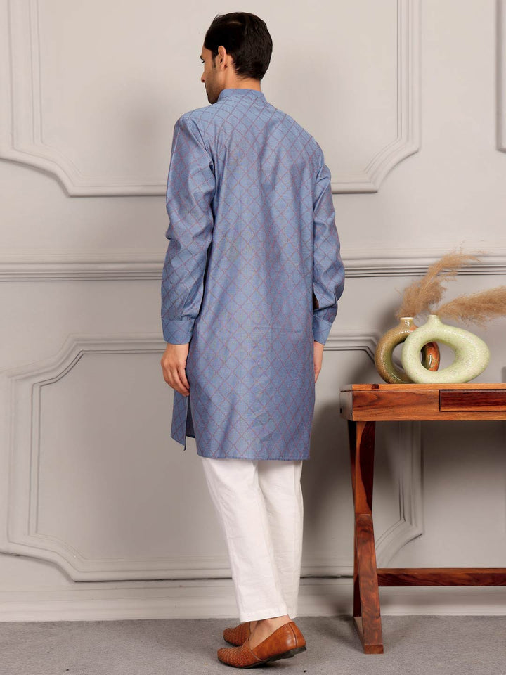 Blue-Red Thread Work Delux Cotton Straight Kurta