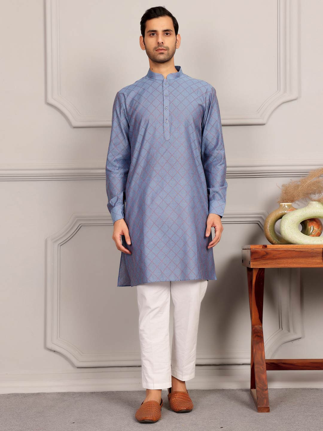 Blue-Red Thread Work Delux Cotton Straight Kurta