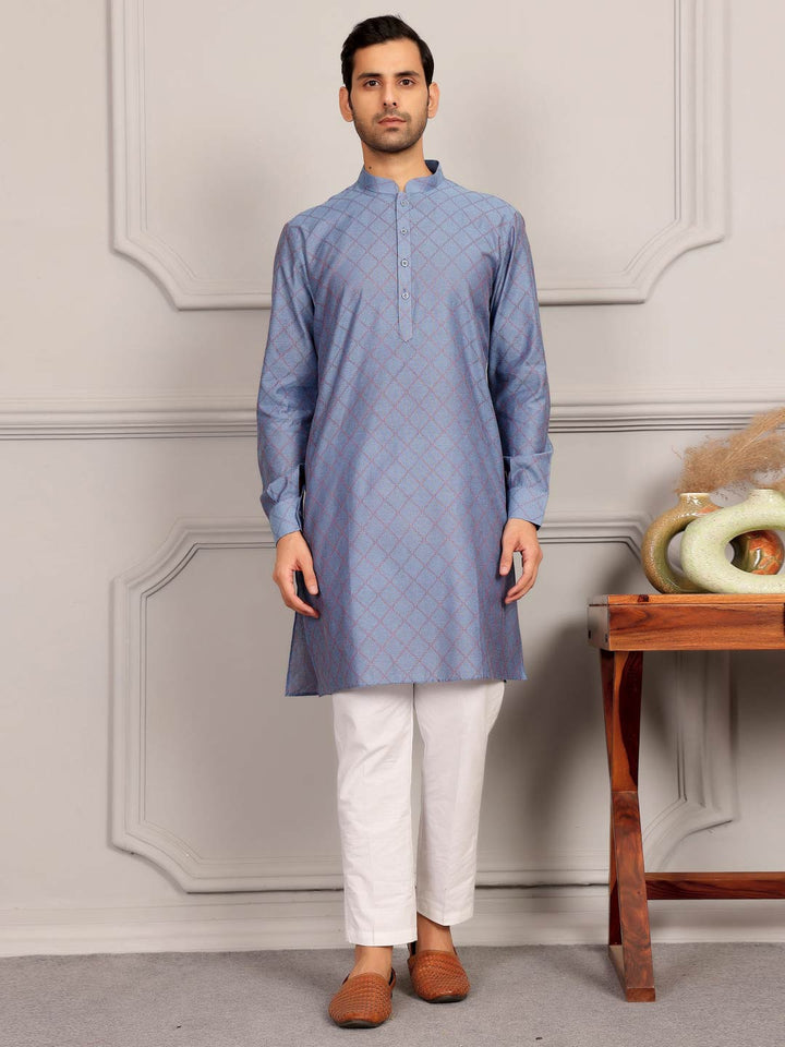 Blue-Red Thread Work Delux Cotton Straight Kurta