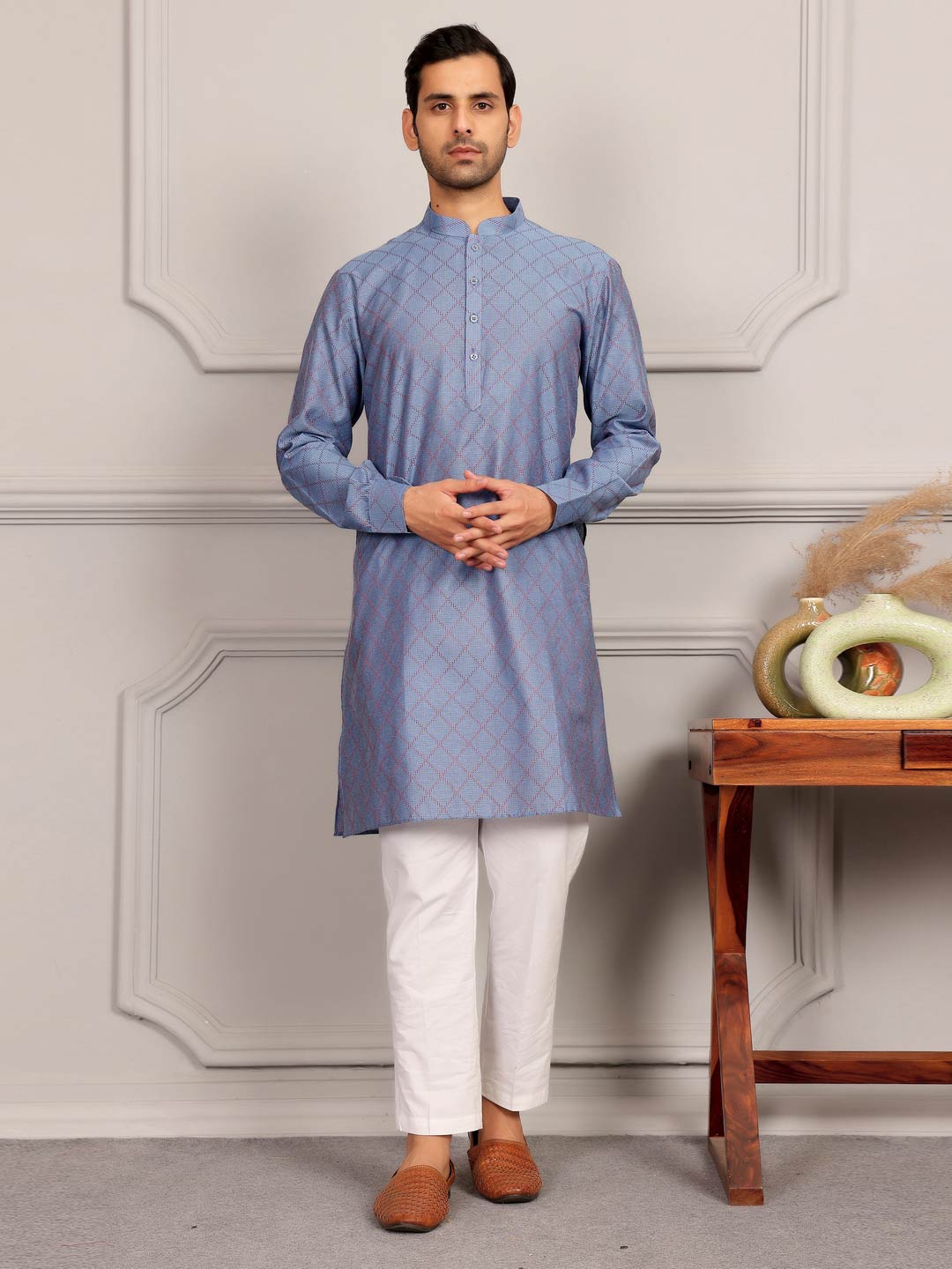 Blue-Red Thread Work Delux Cotton Straight Kurta