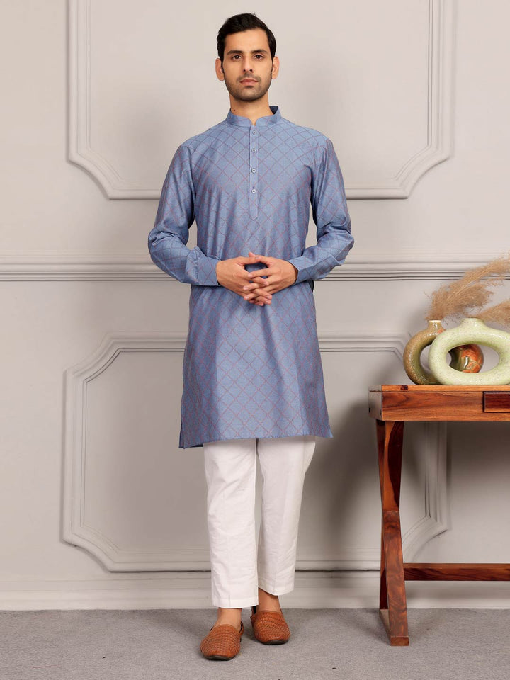 Blue-Red Thread Work Delux Cotton Straight Kurta