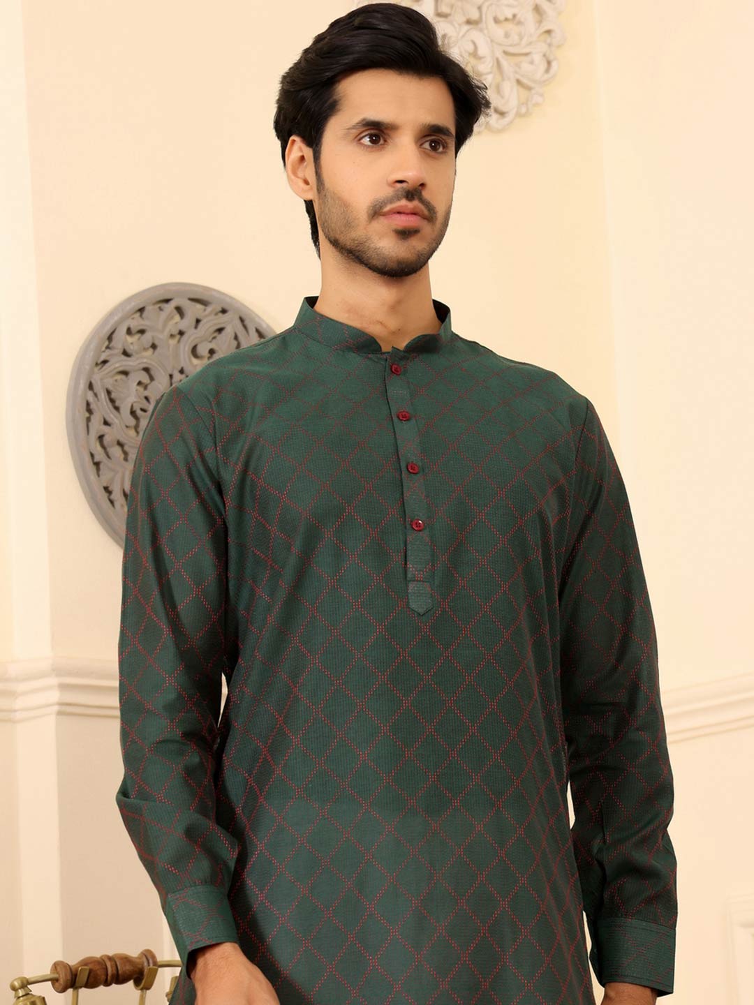 Emerald Green-Red Thread Work Delux Cotton Straight Kurta