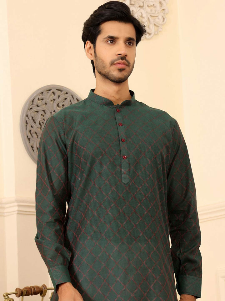 Emerald Green-Red Thread Work Delux Cotton Straight Kurta