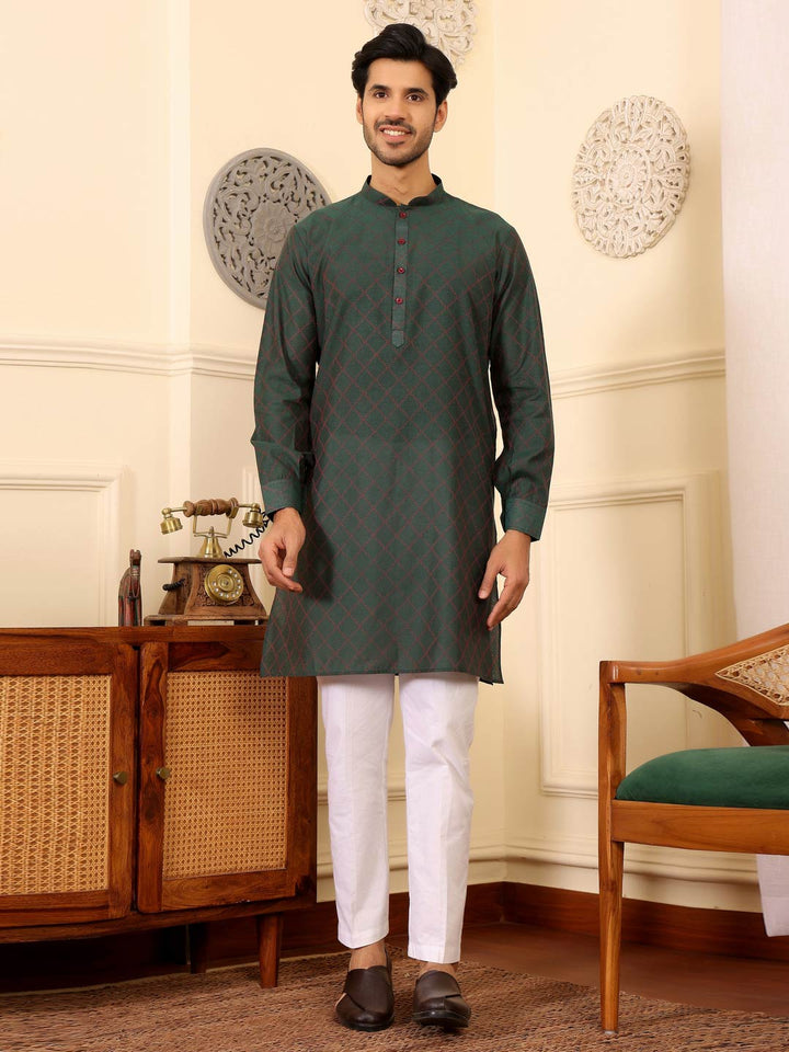 Emerald Green-Red Thread Work Delux Cotton Straight Kurta