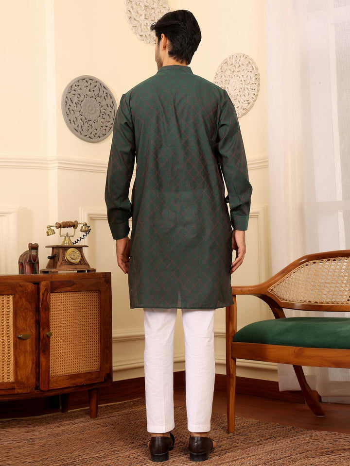 Emerald Green-Red Thread Work Delux Cotton Straight Kurta