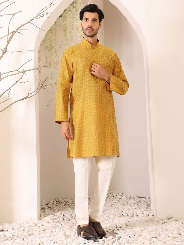 Mustard Self Design Woven Jacquard Cotton Straight Kurta