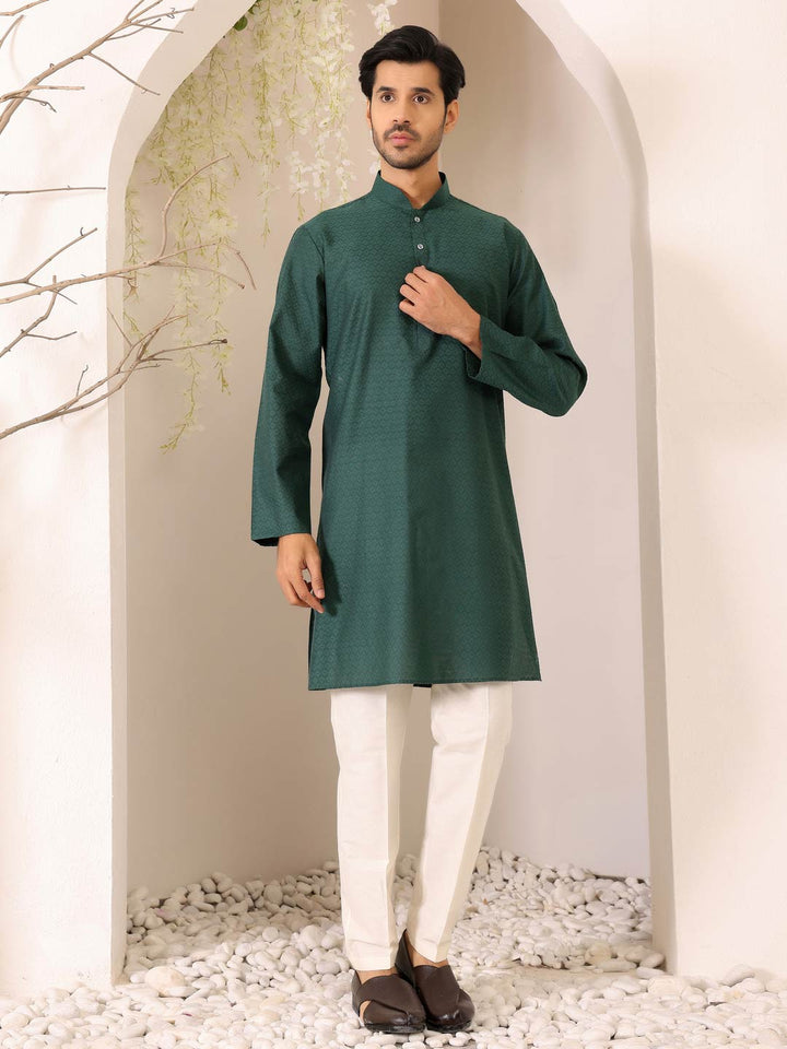 Hunter Green Self Design Woven Jacquard Cotton Straight Kurta