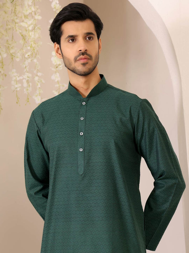 Hunter Green Self Design Woven Jacquard Cotton Straight Kurta