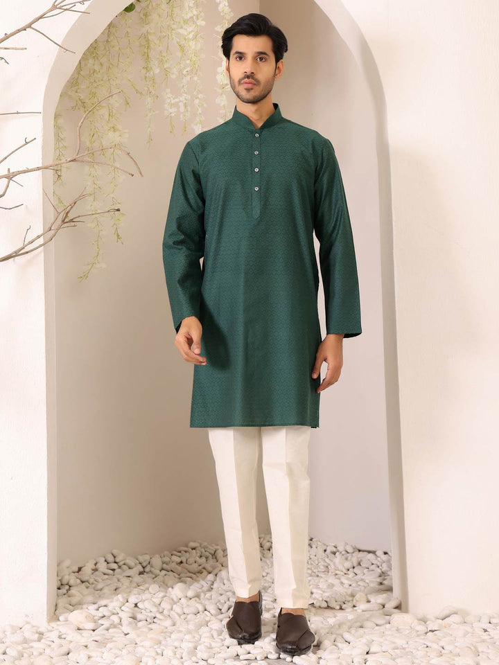 Hunter Green Self Design Woven Jacquard Cotton Straight Kurta