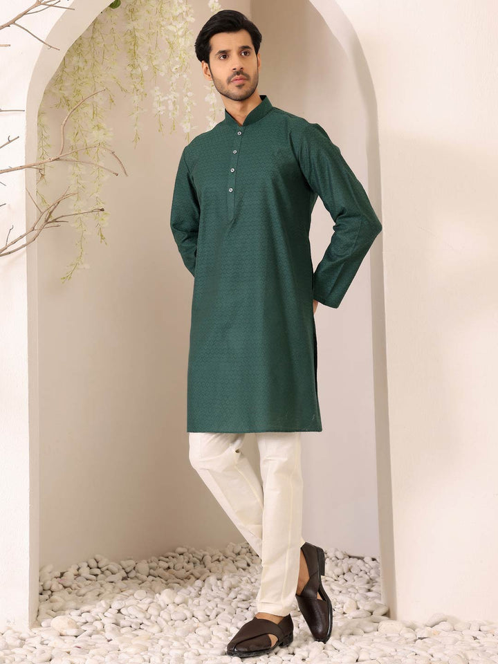 Hunter Green Self Design Woven Jacquard Cotton Straight Kurta