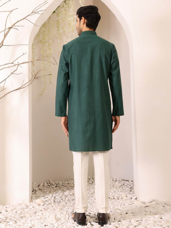 Hunter Green Self Design Woven Jacquard Cotton Straight Kurta