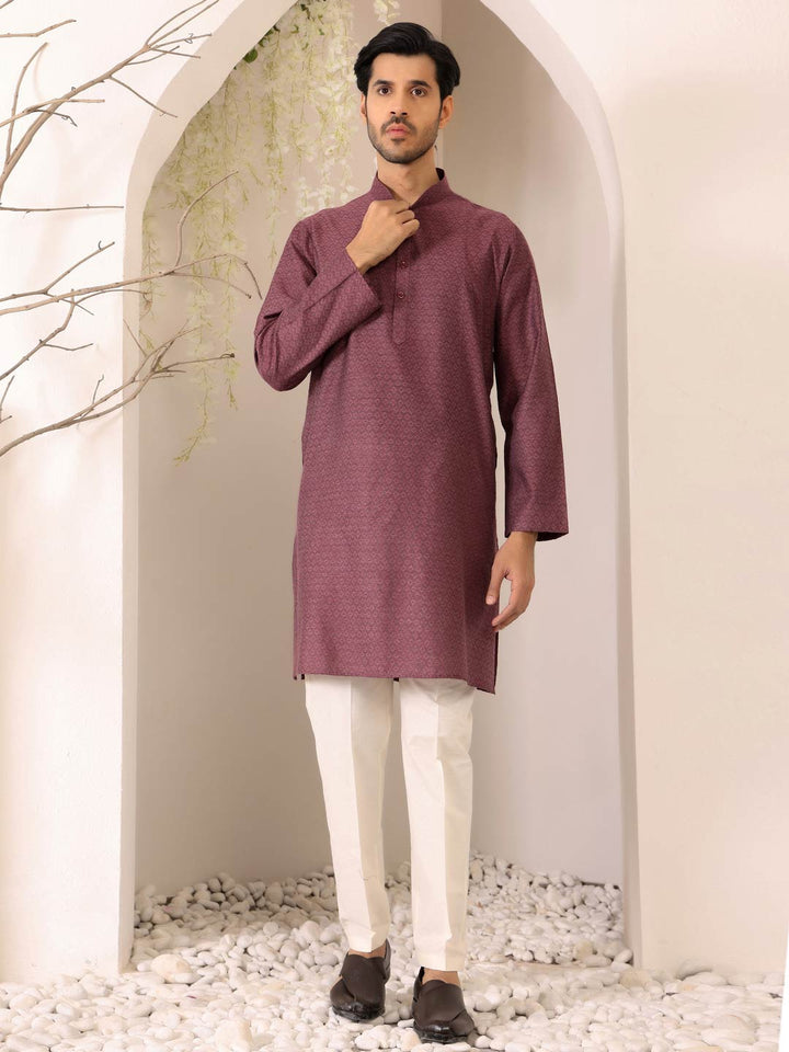 Dark Mauve Self Design Woven Jacquard Cotton Straight Kurta
