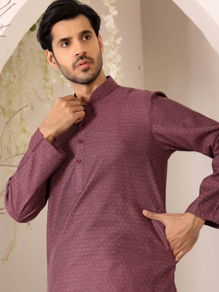 Dark Mauve Self Design Woven Jacquard Cotton Straight Kurta