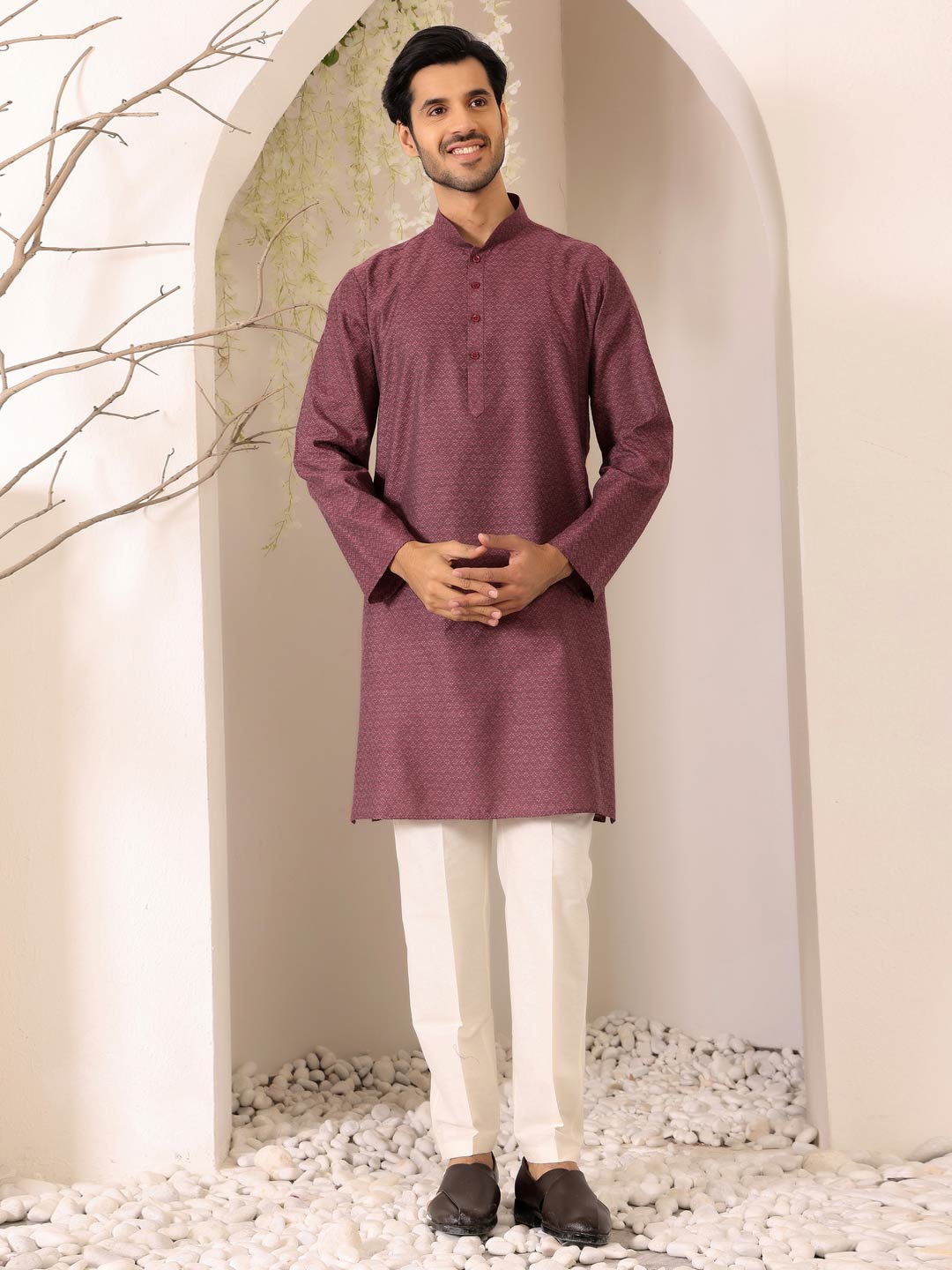 Dark Mauve Self Design Woven Jacquard Cotton Straight Kurta