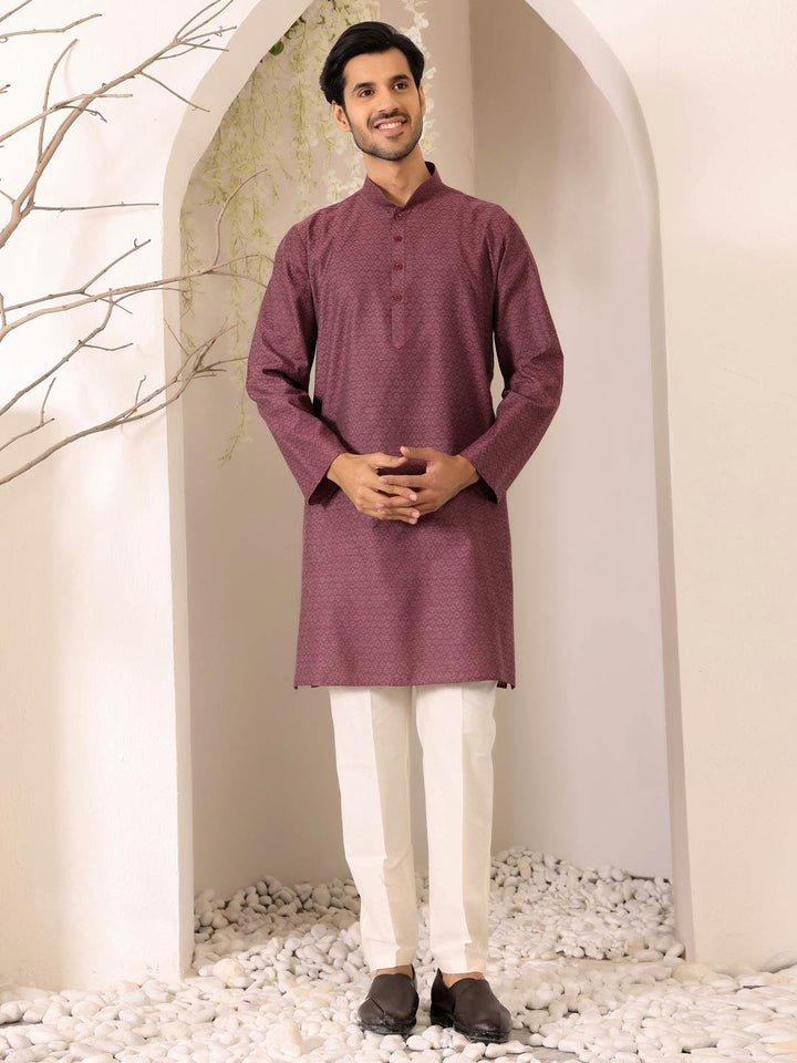 Dark Mauve Self Design Woven Jacquard Cotton Straight Kurta