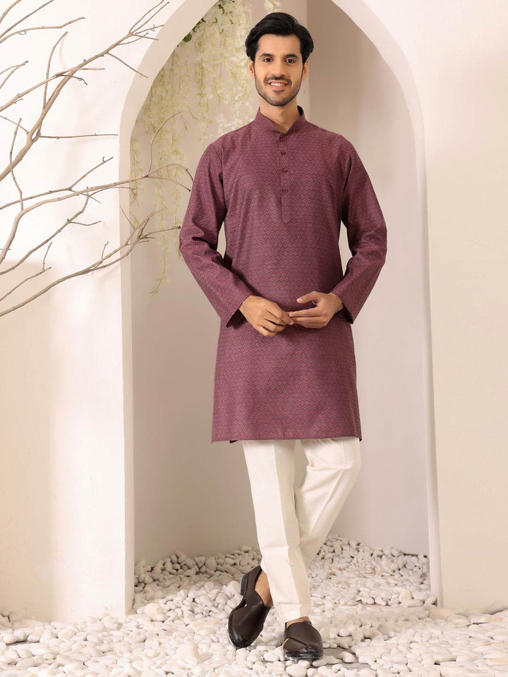 Dark Mauve Self Design Woven Jacquard Cotton Straight Kurta