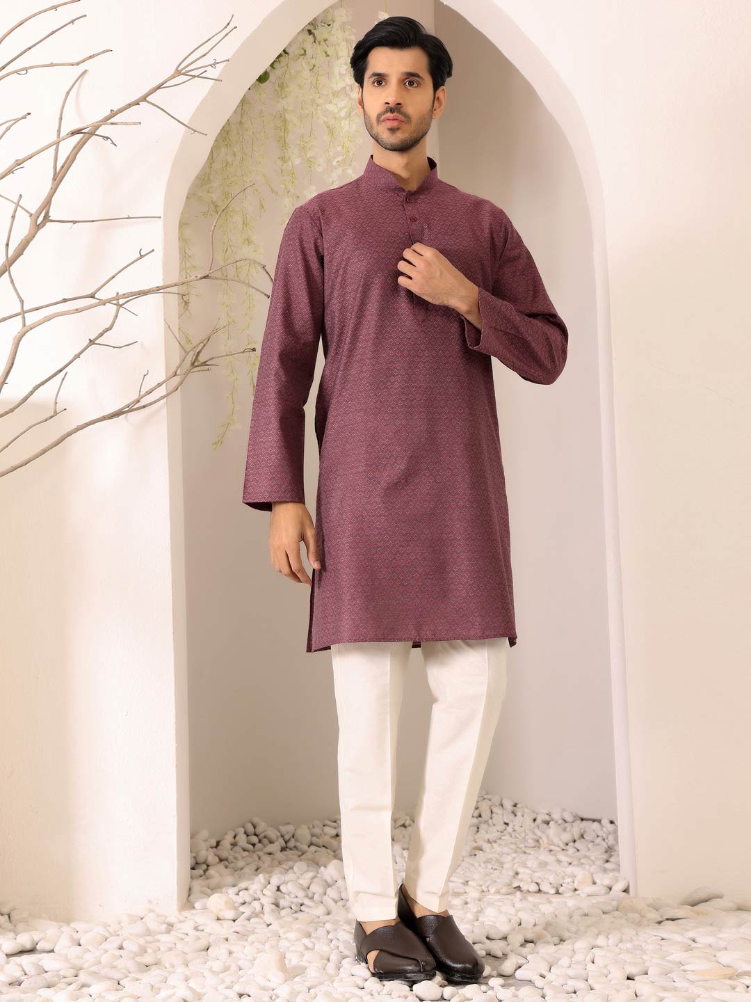 Dark Mauve Self Design Woven Jacquard Cotton Straight Kurta