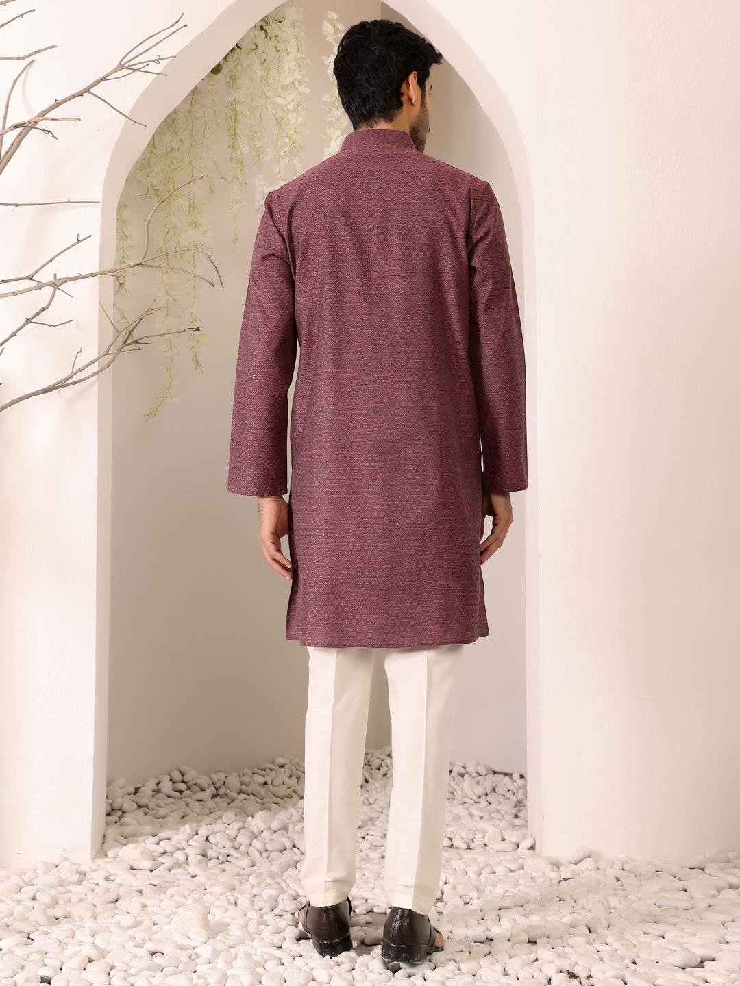 Dark Mauve Self Design Woven Jacquard Cotton Straight Kurta