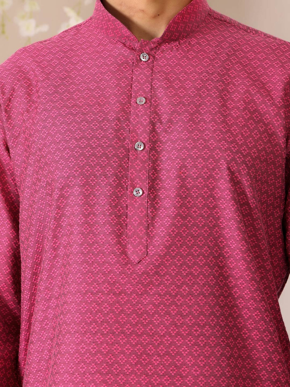 Magenta Self Design Woven Jacquard Cotton Straight Kurta – Pink