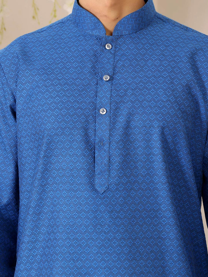 Royal Blue Self Design Woven Jacquard Cotton Straight Kurta
