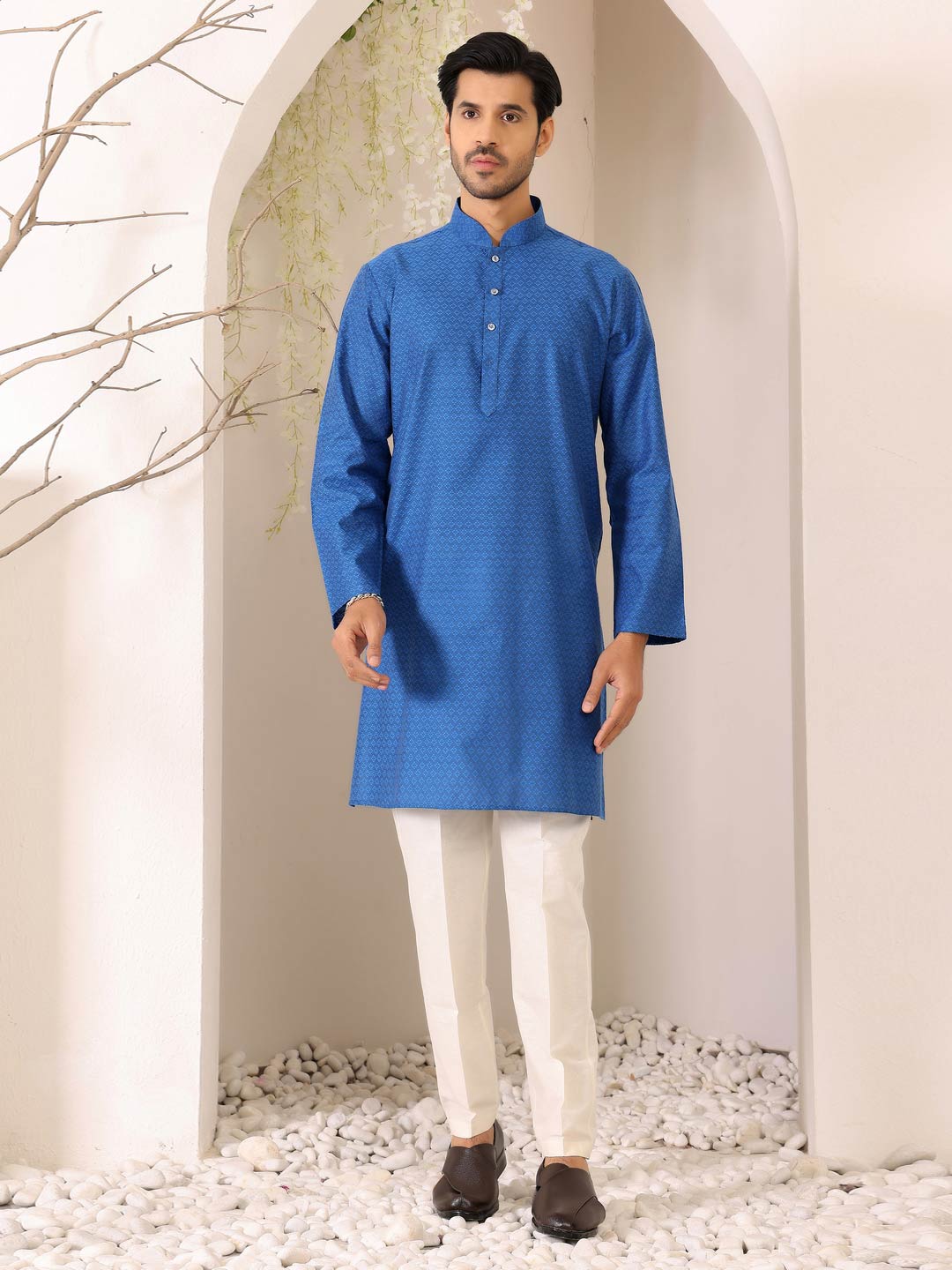Royal Blue Self Design Woven Jacquard Cotton Straight Kurta