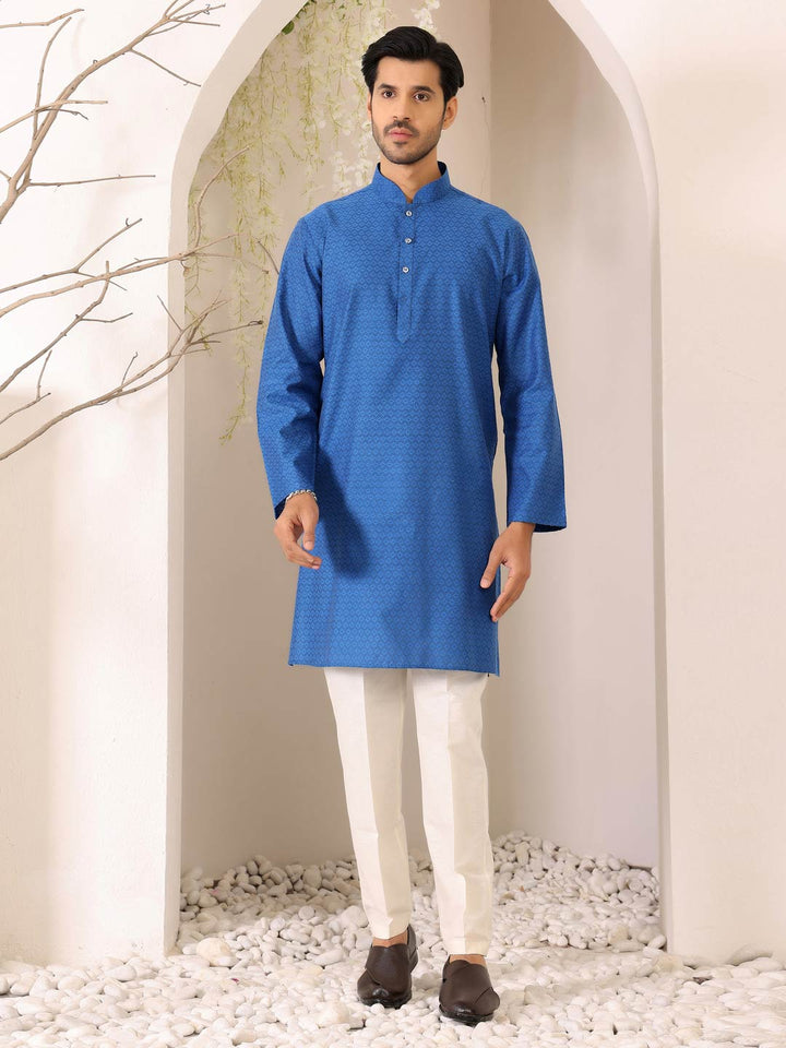 Royal Blue Self Design Woven Jacquard Cotton Straight Kurta