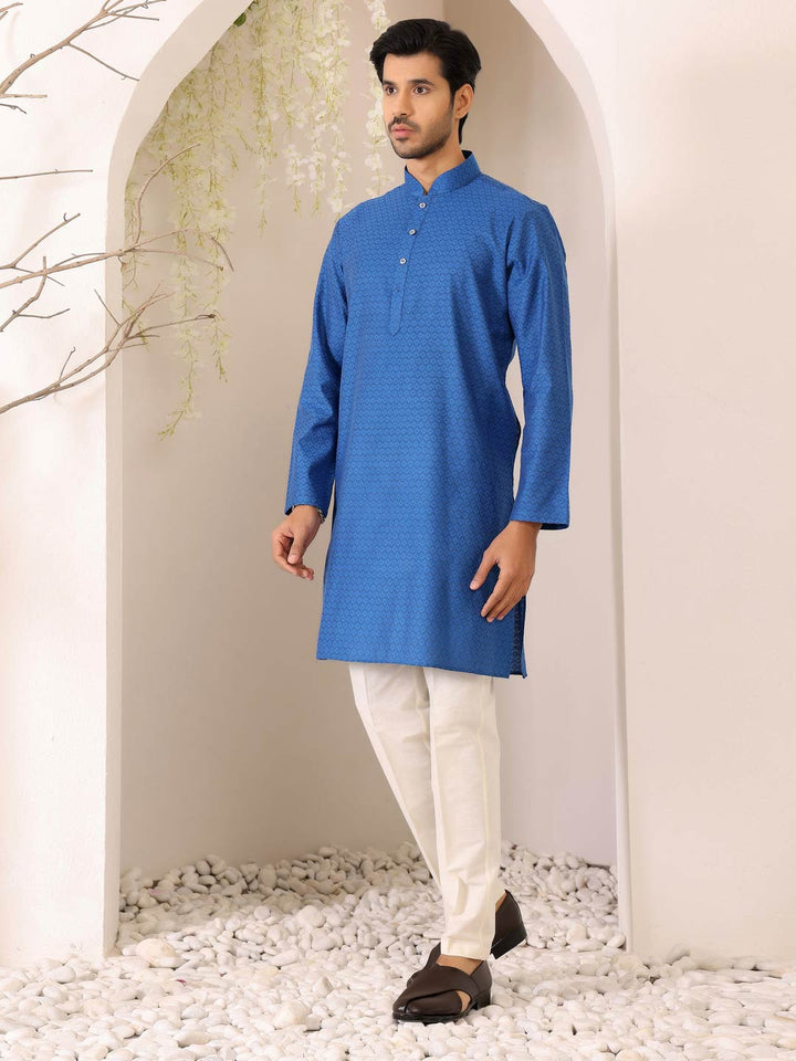 Royal Blue Self Design Woven Jacquard Cotton Straight Kurta