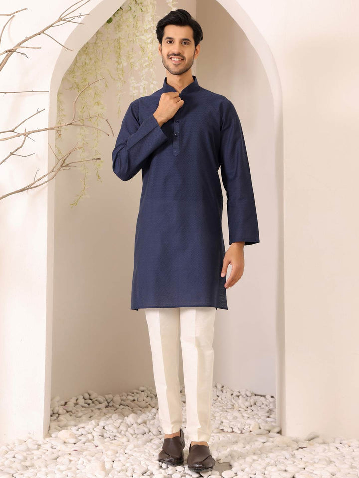 Midnight Blue self Design Woven Jacquard Cotton Straight Kurta