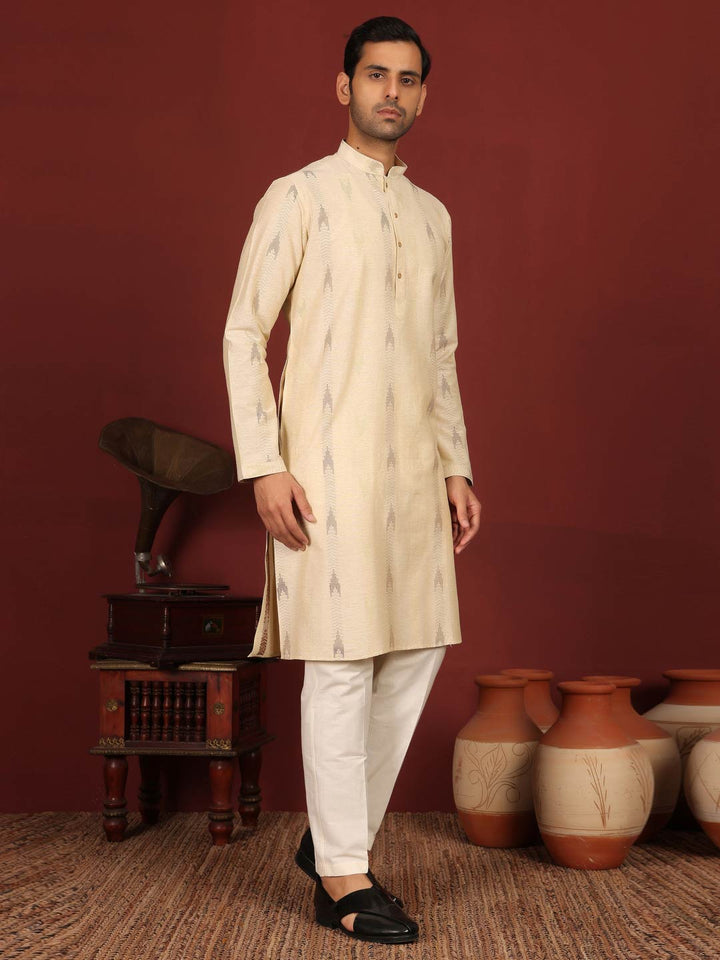 Beige Woven Jacquard Delux Cotton Straight Kurta