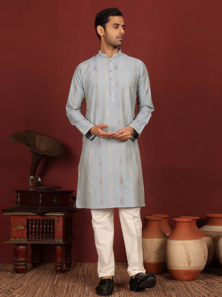 Grayish Blue Woven Jacquard Delux Cotton Straight Kurta