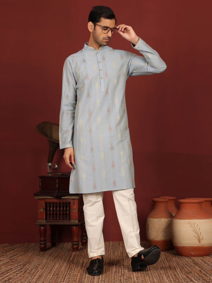 Grayish Blue Woven Jacquard Delux Cotton Straight Kurta