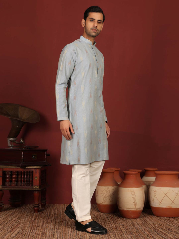 Grayish Blue Woven Jacquard Delux Cotton Straight Kurta