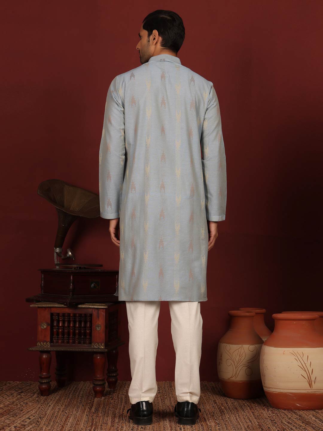 Grayish Blue Woven Jacquard Delux Cotton Straight Kurta