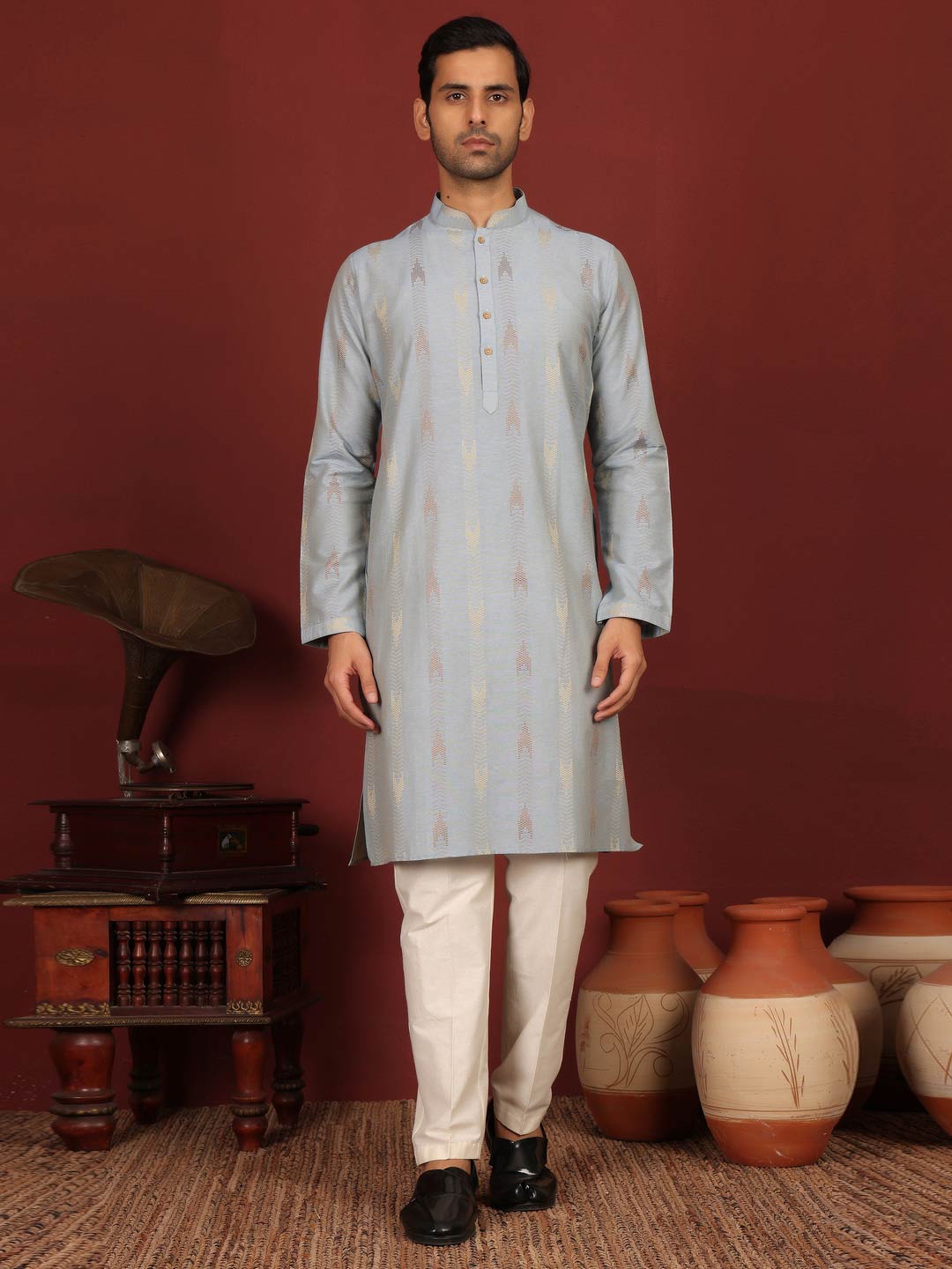 Grayish Blue Woven Jacquard Delux Cotton Straight Kurta
