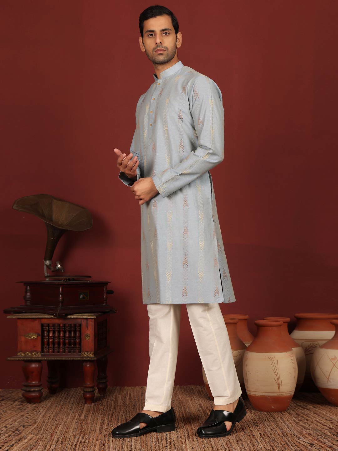 Grayish Blue Woven Jacquard Delux Cotton Straight Kurta