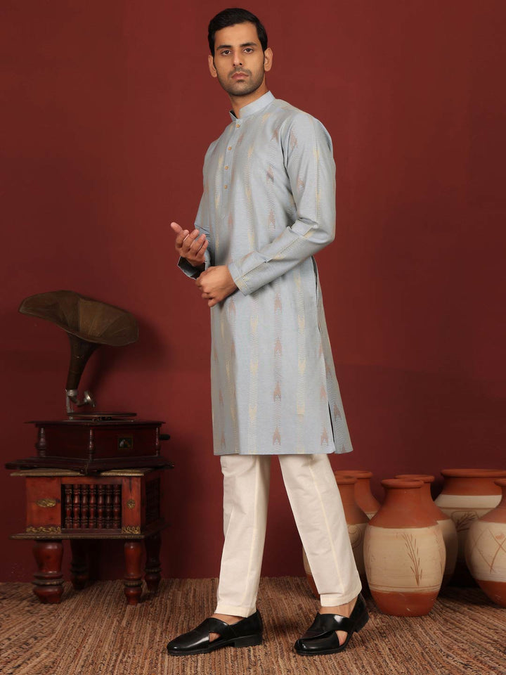 Grayish Blue Woven Jacquard Delux Cotton Straight Kurta