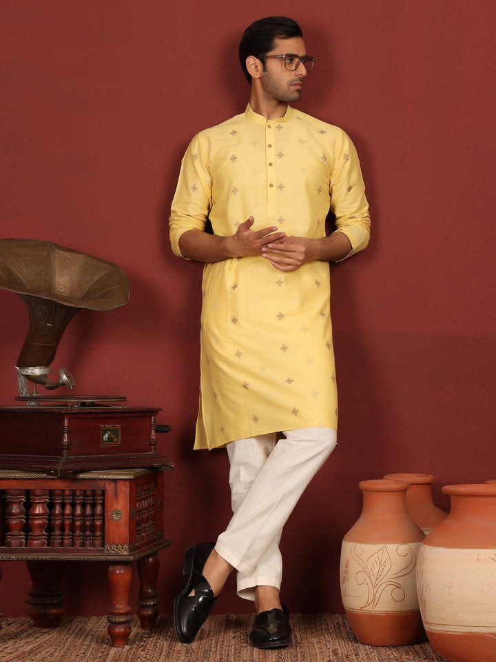 Light Yellow Woven Jacquard Delux Cotton Straight Kurta