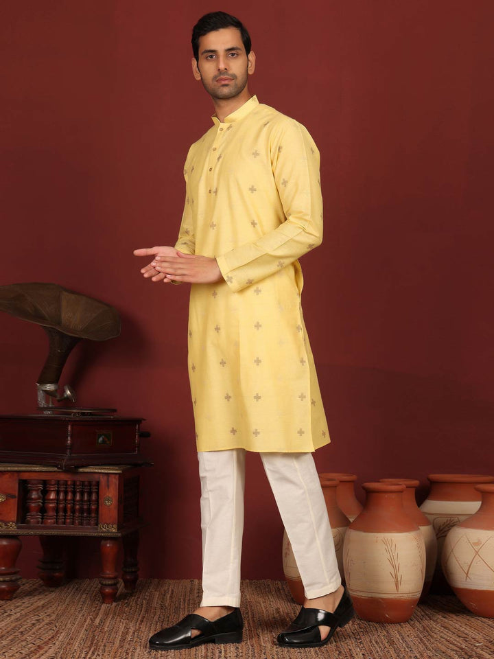 Light Yellow Woven Jacquard Delux Cotton Straight Kurta