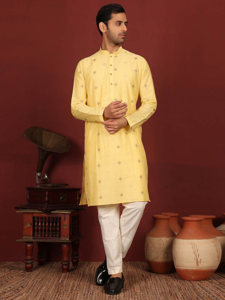 Light Yellow Woven Jacquard Delux Cotton Straight Kurta