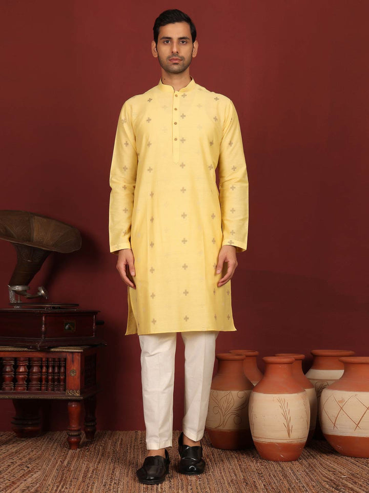 Light Yellow Woven Jacquard Delux Cotton Straight Kurta