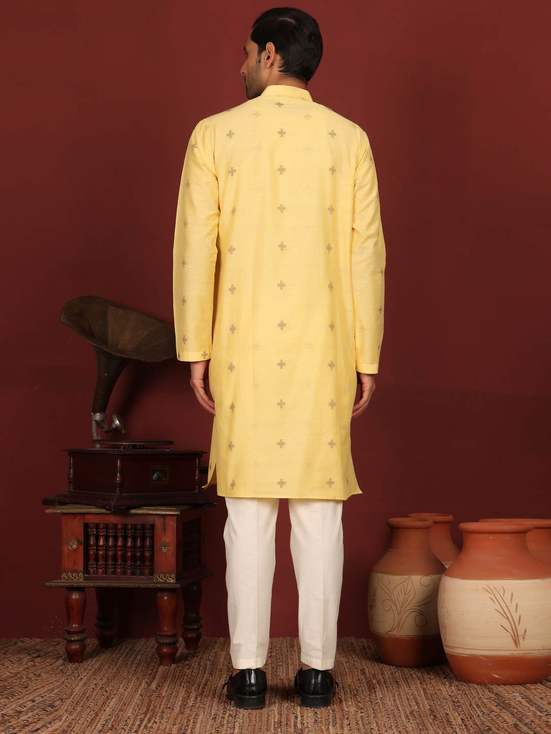 Light Yellow Woven Jacquard Delux Cotton Straight Kurta