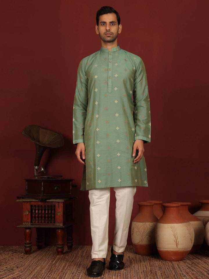 Mineral Green Woven Jacquard Delux Cotton Straight Kurta